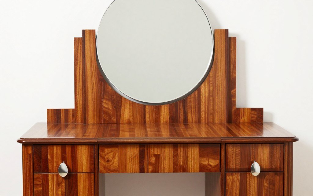 An Art Deco antique vanity with geometric shapes, waterfall edges, and contrasting wood veneers