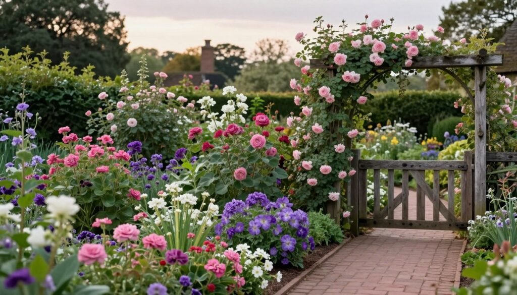 An English cottage garden with abundant flowers, climbing roses, and a rustic wooden gate