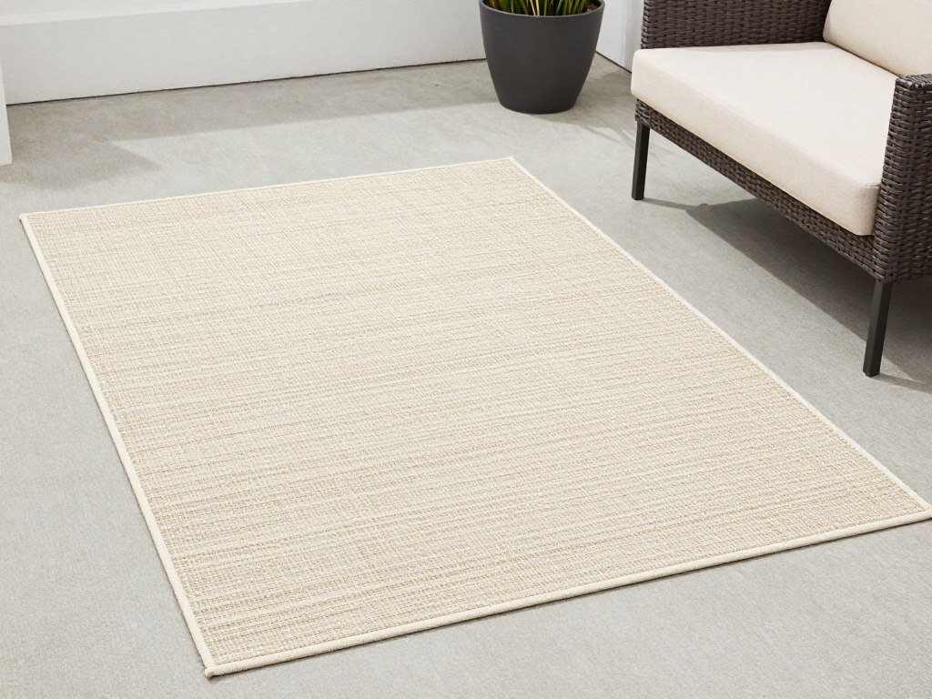 An affordable but stylish outdoor rug on a simple patio setting