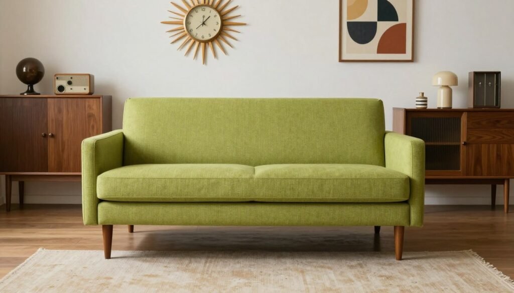 An apple green couch with tapered legs in a mid-century modern living room with vintage-inspired furniture