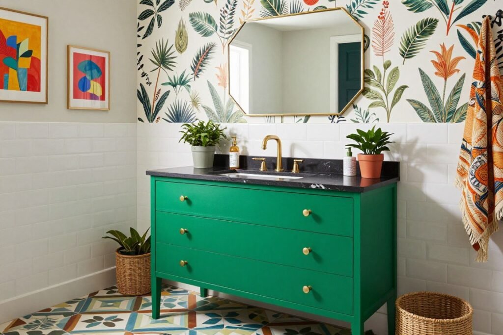 An eclectic bathroom with a bright emerald green vanity paired with colorful patterned tiles and mixed metals
