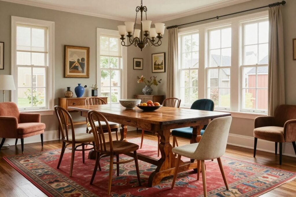 An eclectic dining room with a vintage wooden table surrounded by different chair styles in complementary colors