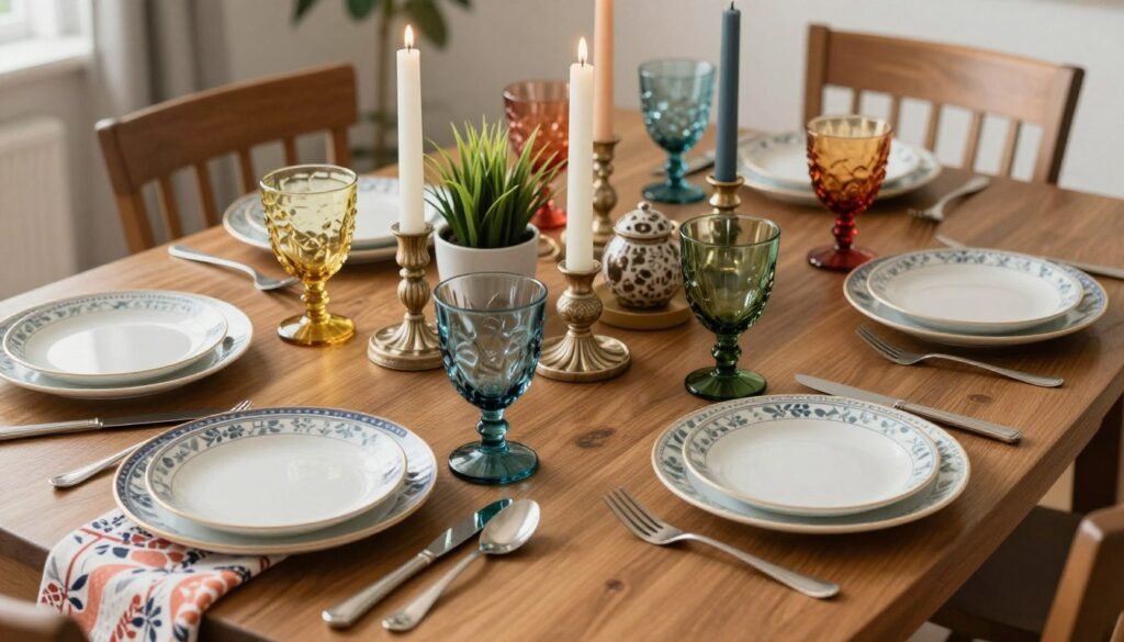 An eclectic dining table setting with mixed dinnerware, colorful glassware, and a creative centerpiece