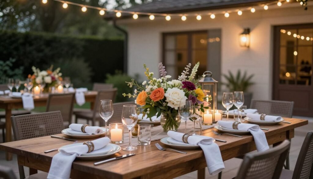 An elaborate patio dining table set for a special occasion with fine dinnerware and floral centerpieces An elaborate patio dining table set for a special occasion with fine dinnerware and floral centerpieces