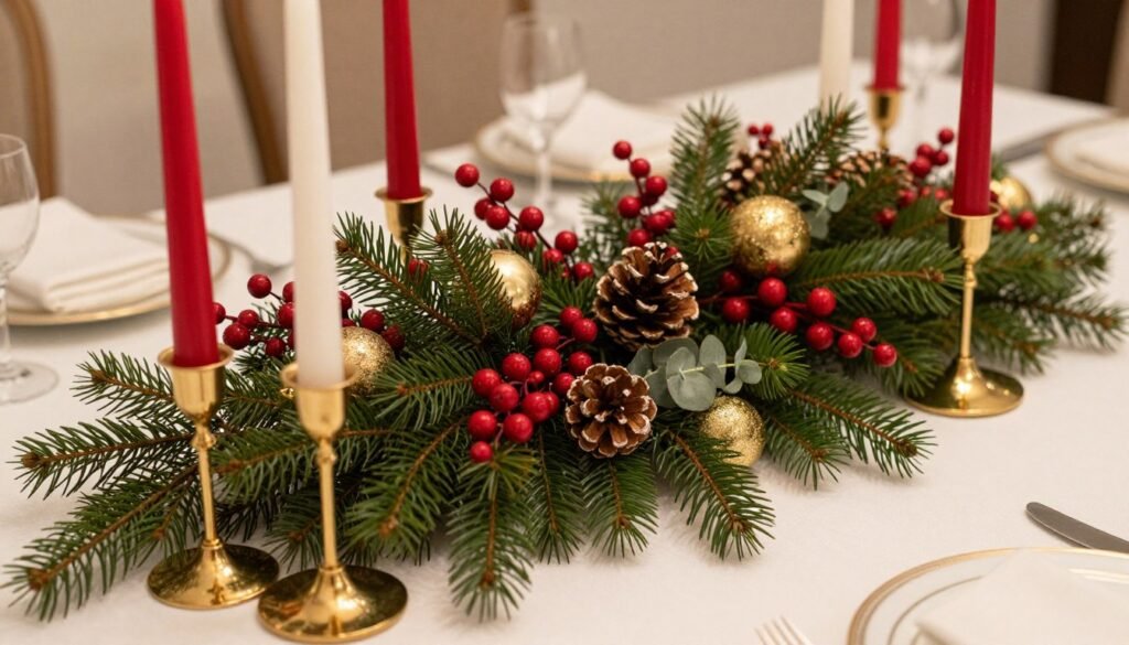 An elegant Christmas dining table centerpiece with evergreens, red berries, pinecones, and gold accents An elegant Christmas dining table centerpiece with evergreens, red berries, pinecones, and gold accents