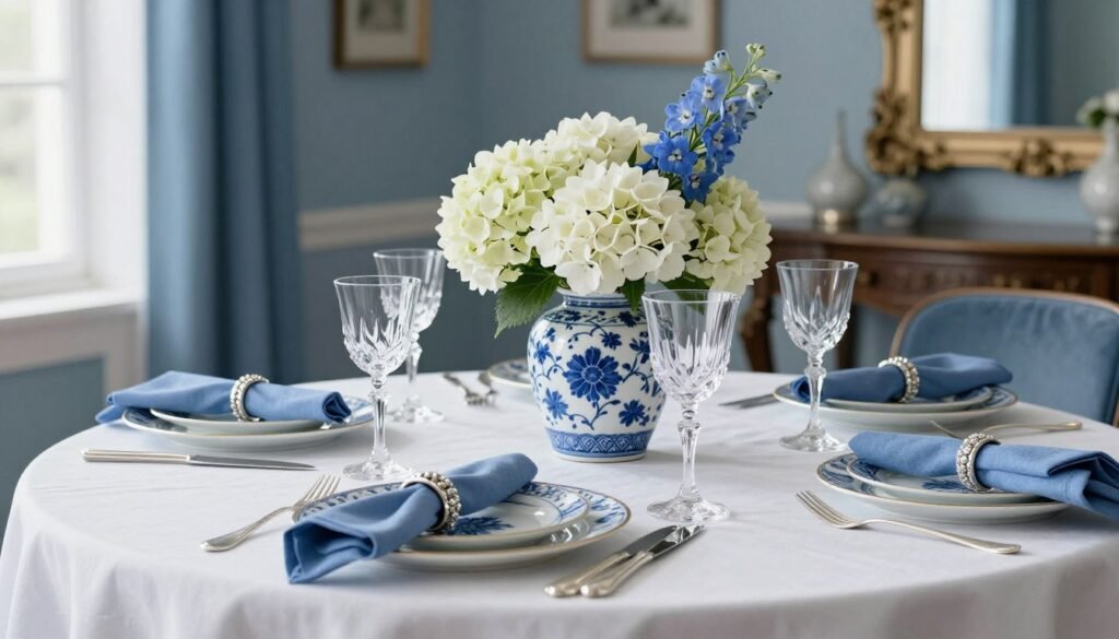 An elegant blue and white table setting with floral centerpiece