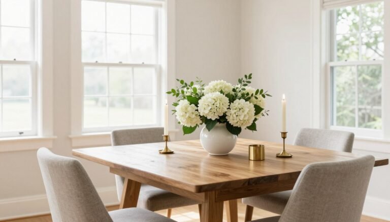 An elegant dining room with a large wooden table featuring a stunning centerpiece with fresh flowers in a ceramic vase, surrounded by candles
