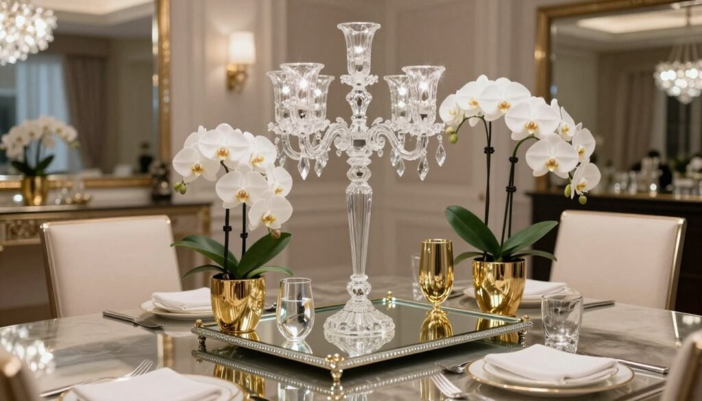 An elegant dining table with a glamorous centerpiece featuring a crystal candelabra, mirrored tray, and white orchids with gold accents