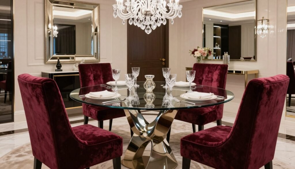 An elegant dining table with velvet chairs showcasing dining room glam furniture