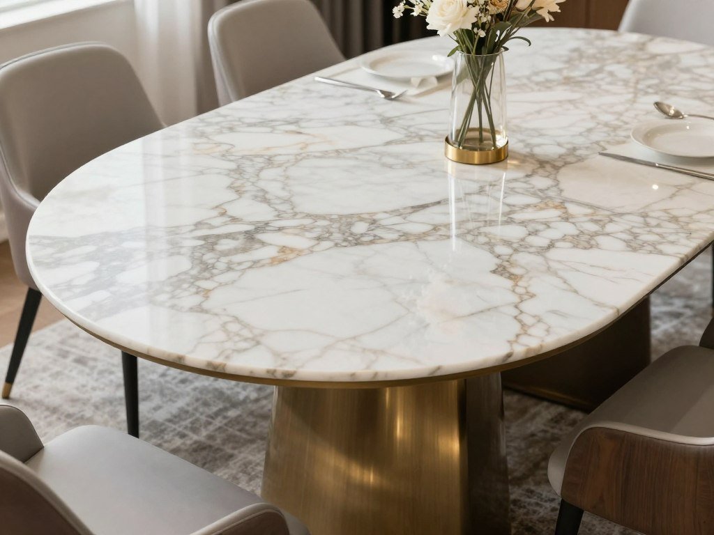 An elegant marble top dining table showing beautiful veining patterns in a sophisticated dining space