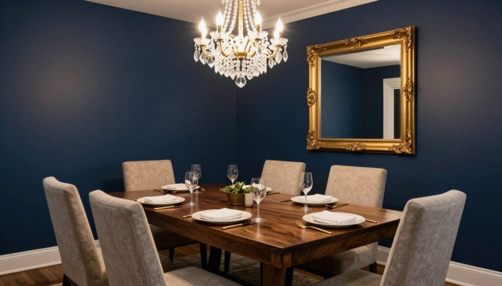 An elegant navy blue dining room with gold accents and crystal chandelier