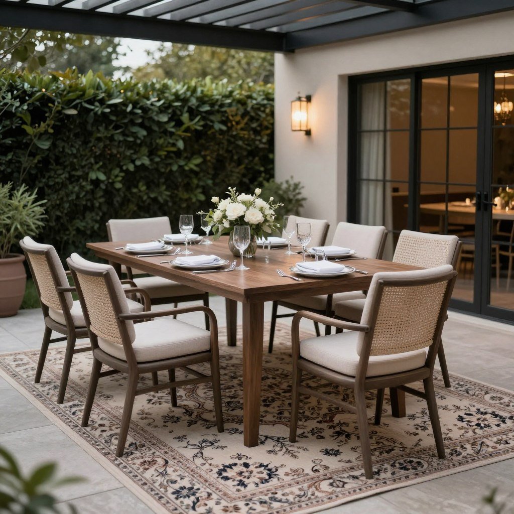 An elegant outdoor dining area with a sophisticated patterned rug under the table