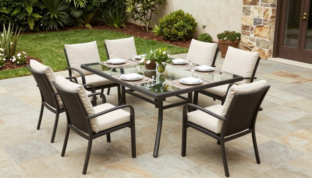 An elegant outdoor dining set with six chairs around a rectangular table on a stone patio