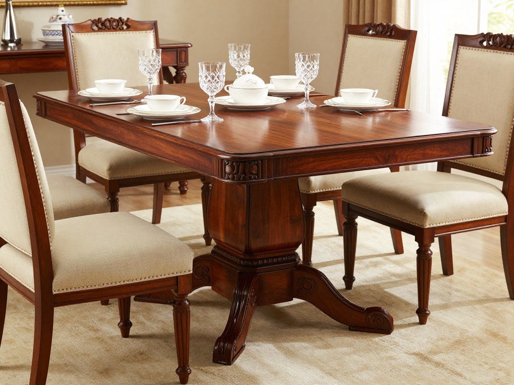 An elegant traditional dining room table with carved details and a rich cherry finish