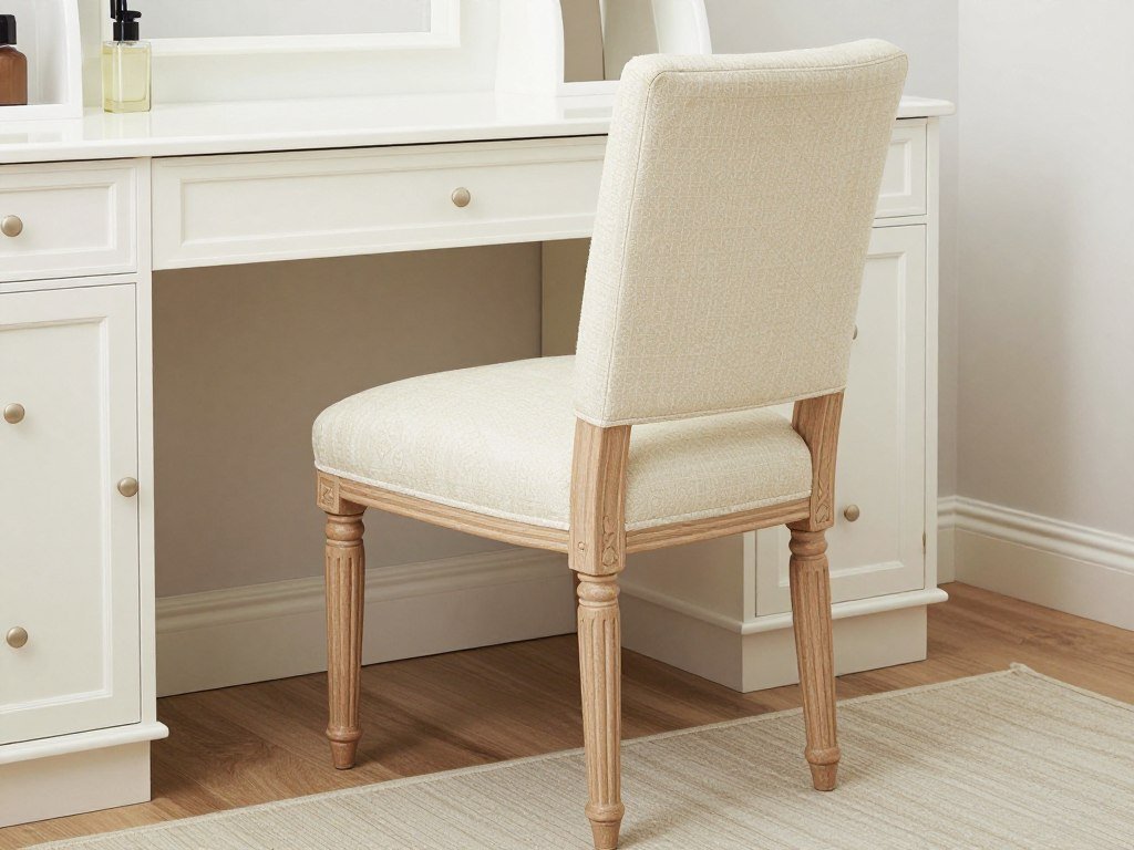 An elegant vanity chair with a supportive back and arms, upholstered in cream fabric