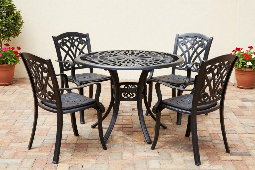 An elegant wrought iron patio dining set with scrollwork details on a brick patio An elegant wrought iron patio dining set with scrollwork details on a brick patio