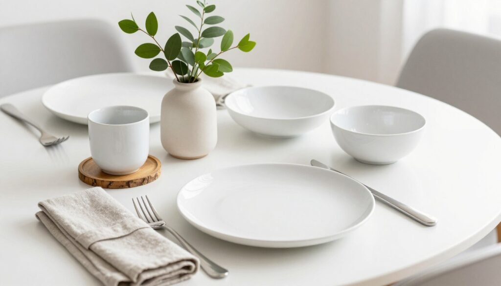 An everyday dining table setting with simple white dinnerware, fresh greenery, and natural elements