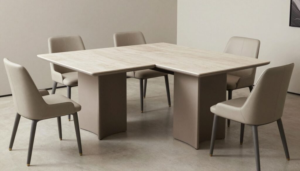 An extendable modern dining table shown in both compact and extended positions