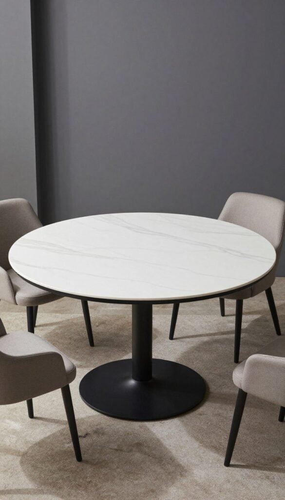 An extendable round dining table shown in both compact and extended positions