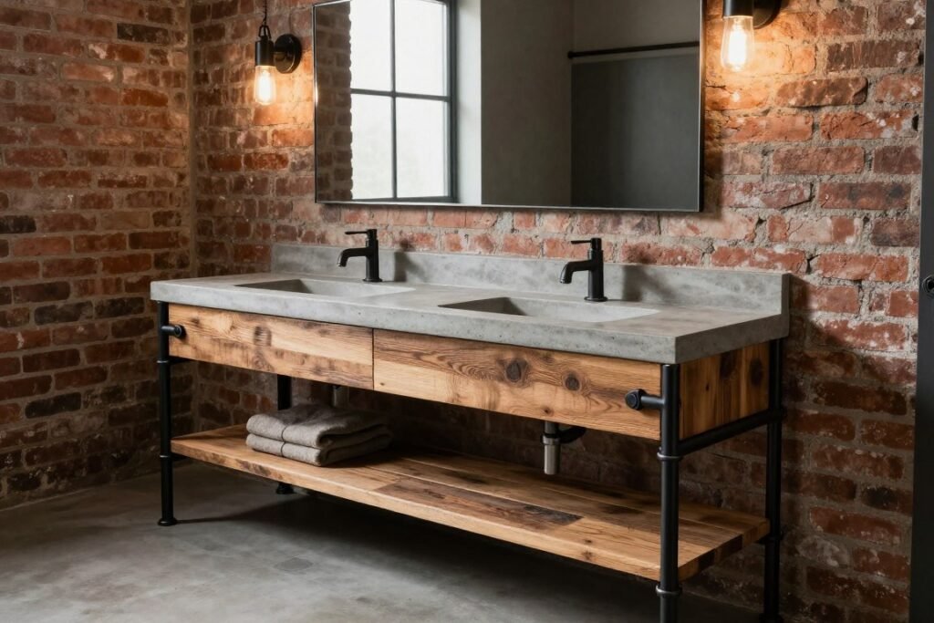 An industrial bathroom with a wood bathroom vanity featuring metal pipe supports