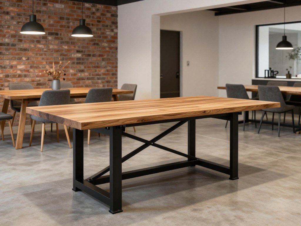 An industrial farmhouse dining table with metal base and wooden top in an open concept dining area