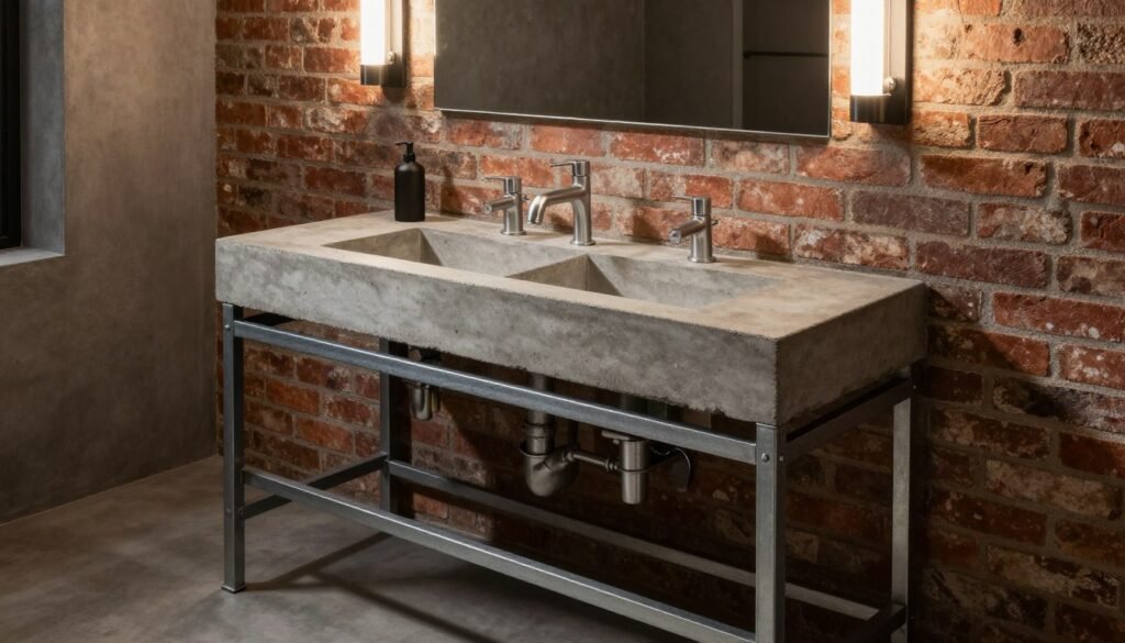 An industrial style bathroom vanity with metal frame, concrete countertop, and exposed plumbing