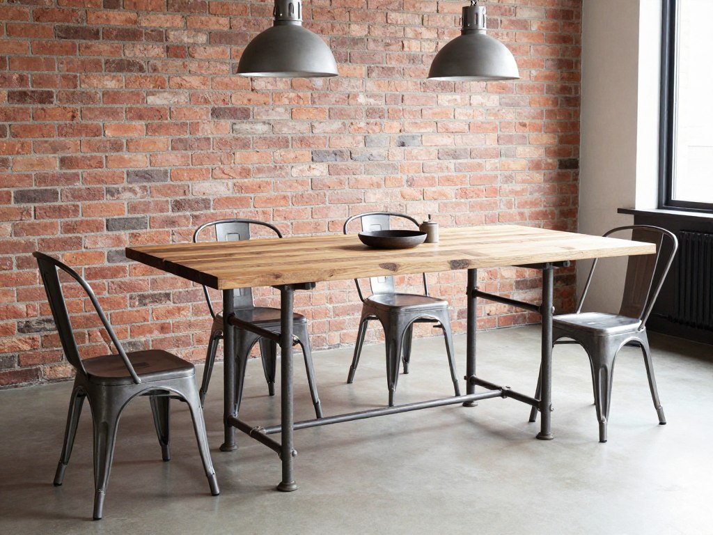 An industrial style dining room table with metal base and reclaimed wood top in a loft-style space