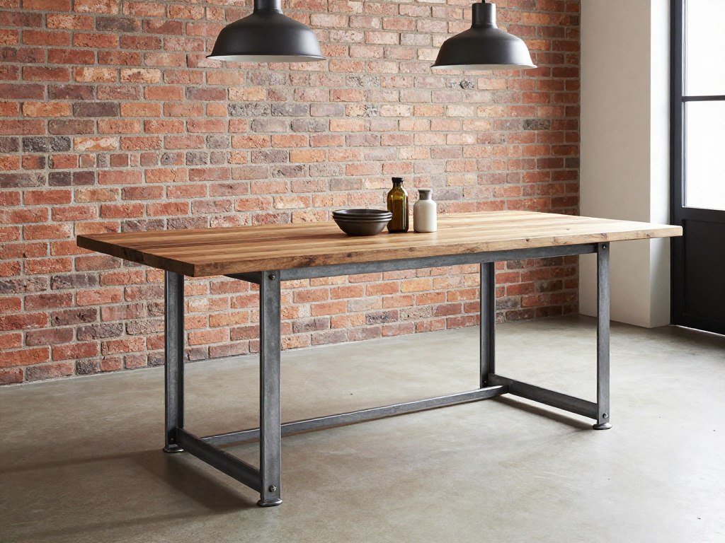 An industrial style dining table with metal frame and reclaimed wood top in a loft-style dining area