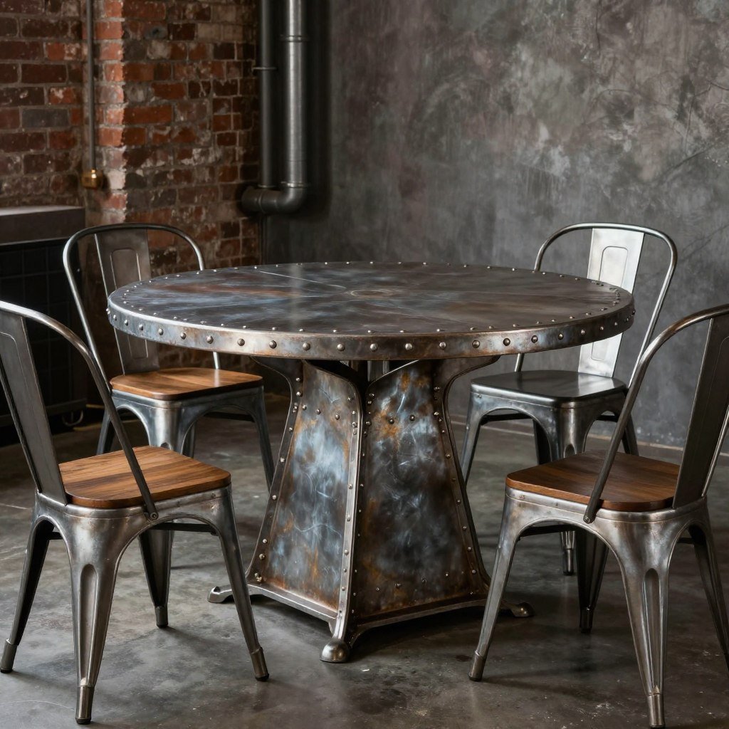 An industrial-style metal circle dining table with riveted details