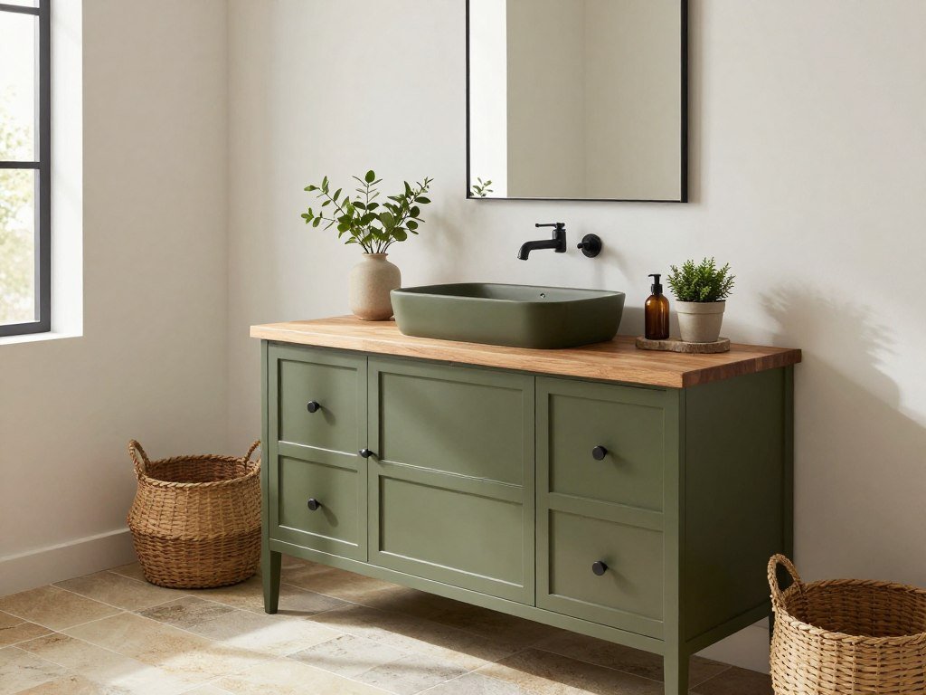 An olive green bathroom vanity with wooden countertop and black hardware in a natural-themed bathroom