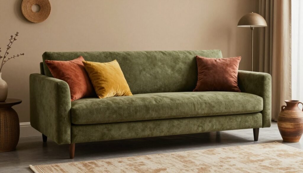 An olive green couch with terracotta, mustard, and brown accents in a warm living room