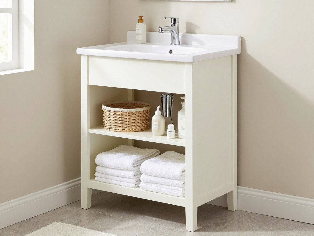An open shelf small bathroom vanity with decorative storage baskets