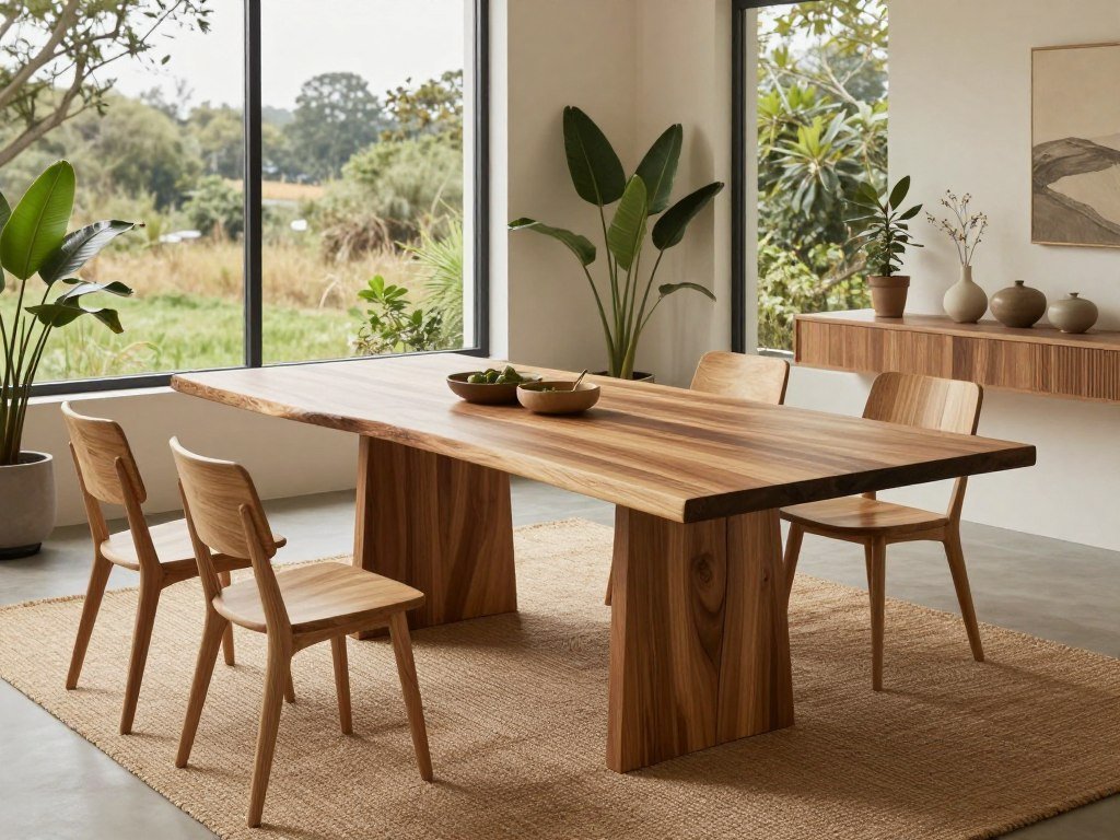 An organic modern dining table with live edge wood and sculptural base