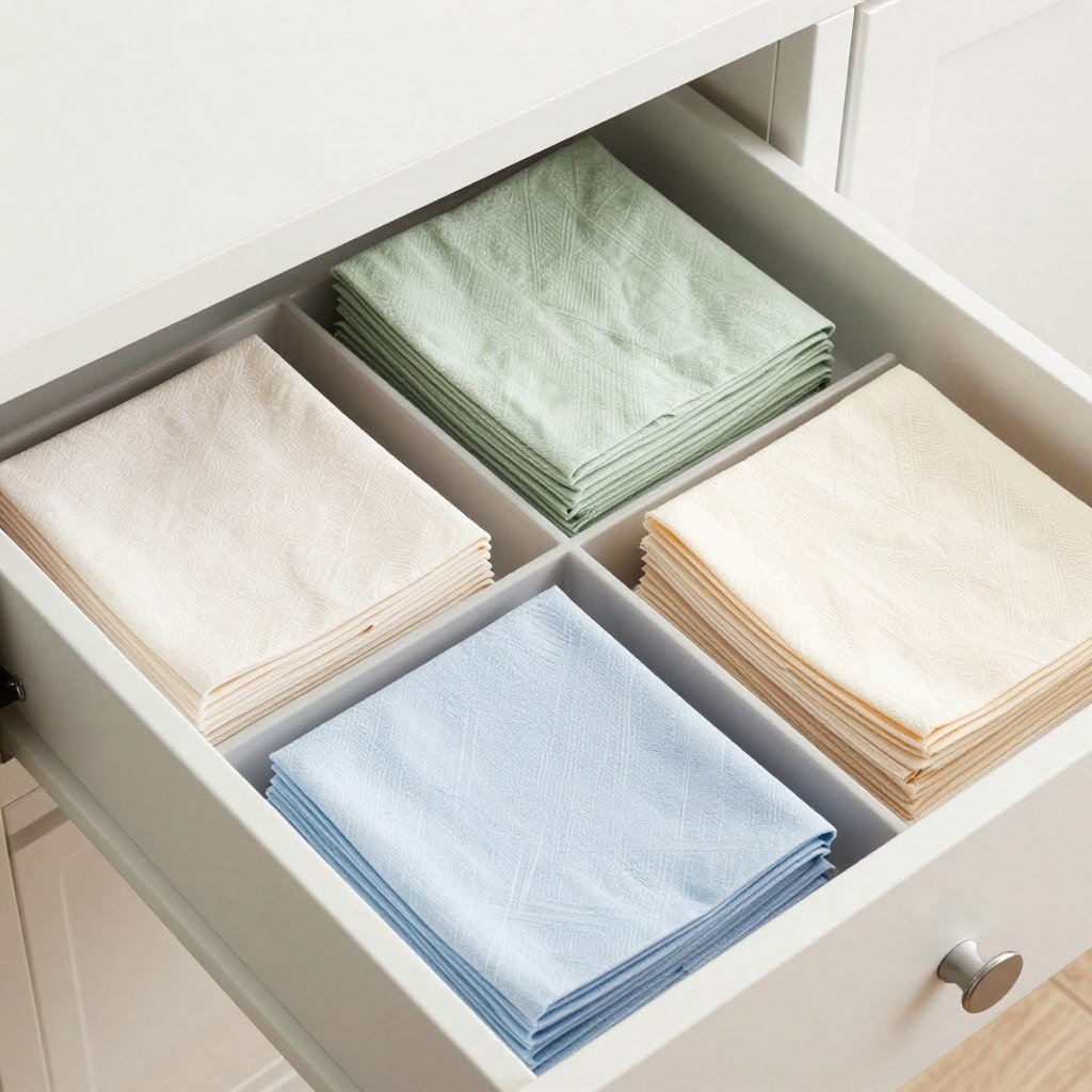 An organized storage solution for table linens with neatly folded napkins, runners, and tablecloths