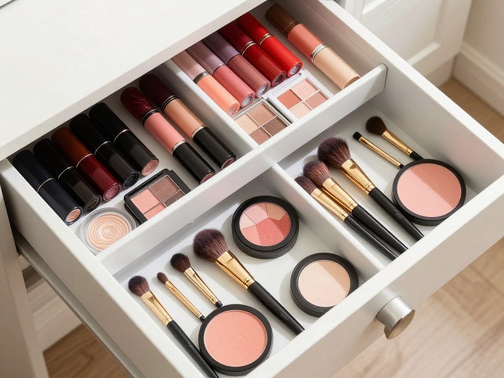 An organized vanity drawer with custom dividers separating makeup categories into neat sections