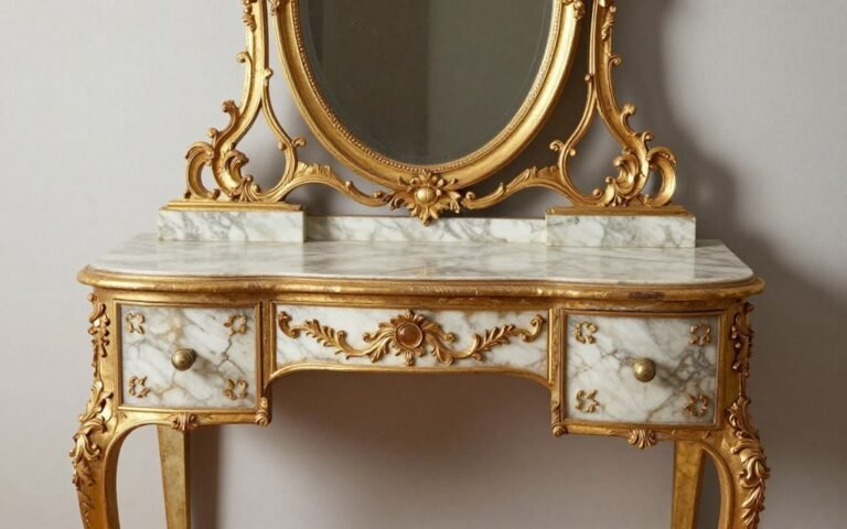 An ornate 18th-century French antique vanity with gold leaf details and curved cabriole legs