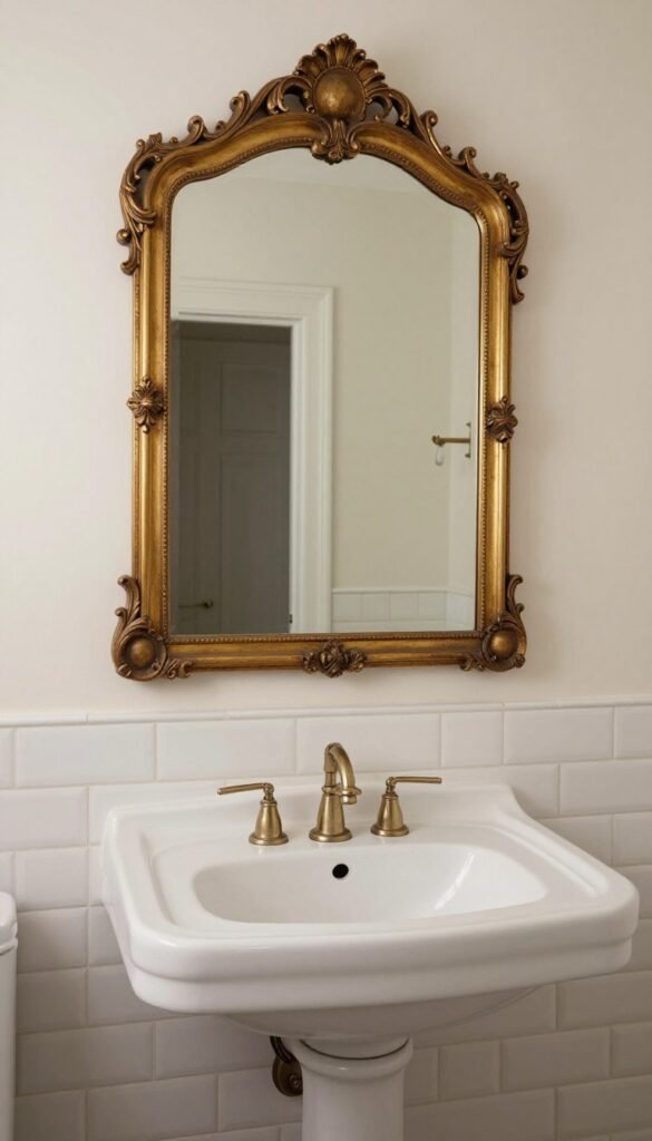 An ornate gold-framed mirror with an antique finish mounted above a traditional vanity in a bathroom with vintage fixtures