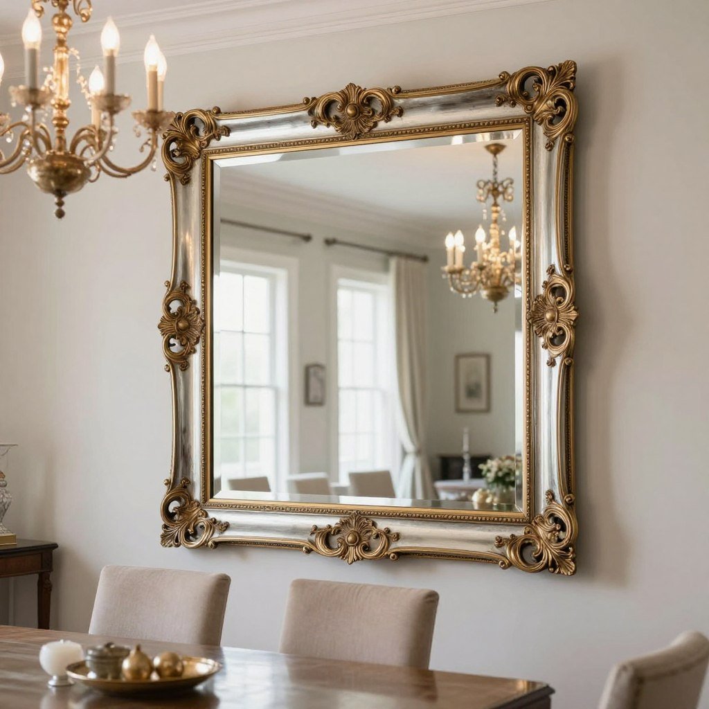 An ornate mirror reflecting light in a dining room glam setting