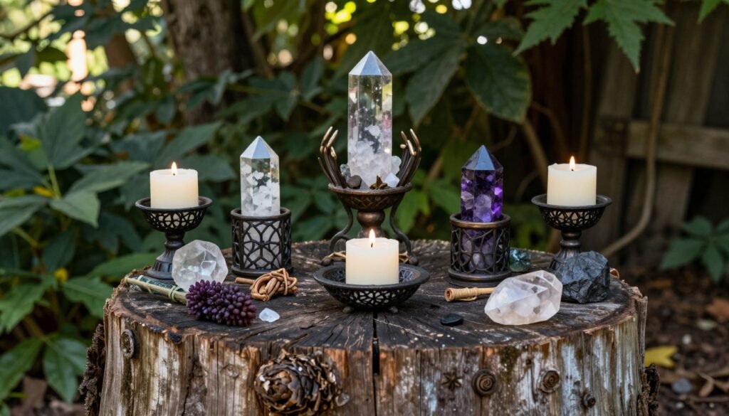 An outdoor altar in a witchy backyard with crystals, candles, and seasonal items arranged on a weathered wooden stump