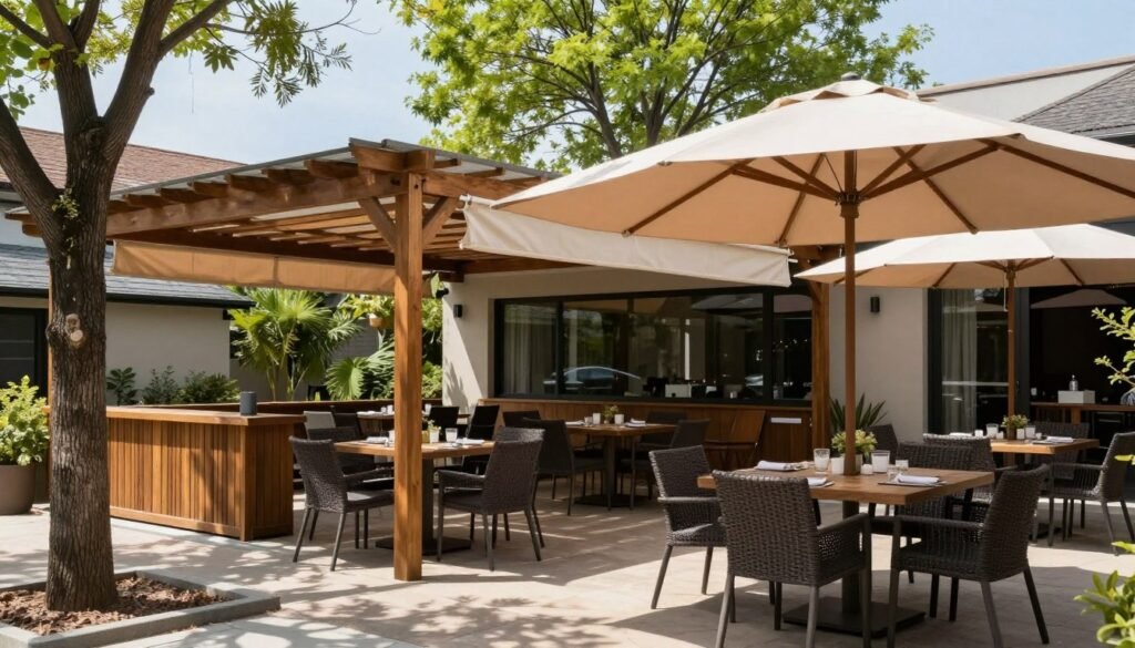 An outdoor dining area with a pergola, retractable awning, and large umbrella providing shade An outdoor dining area with a pergola, retractable awning, and large umbrella providing shade