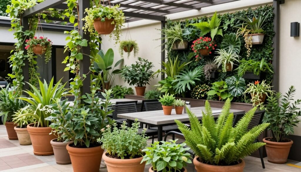 An outdoor dining area with lush potted plants, hanging planters, and a vertical garden An outdoor dining area with lush potted plants, hanging planters, and a vertical garden