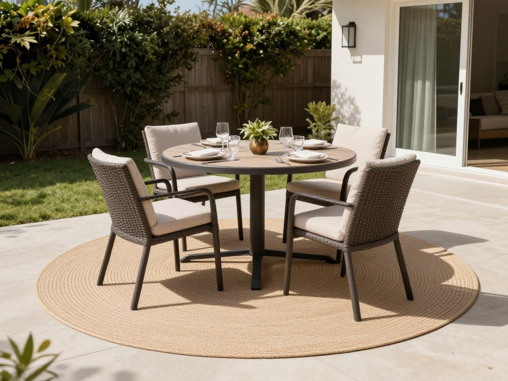 An outdoor dining table and chairs placed on a round outdoor rug that perfectly defines the dining zone