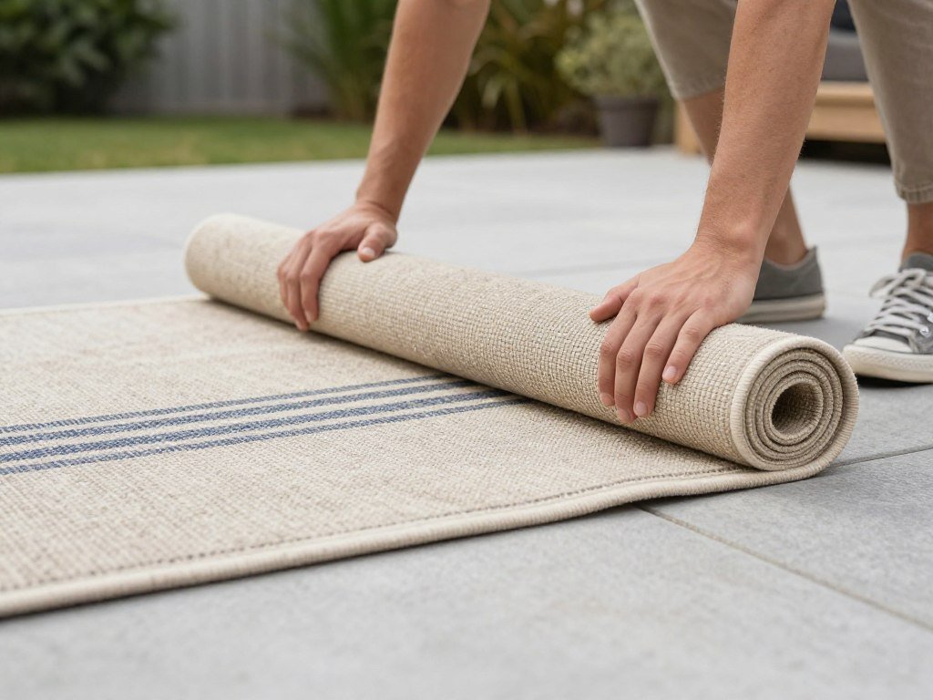 An outdoor rug being properly stored by rolling it up for off-season protection