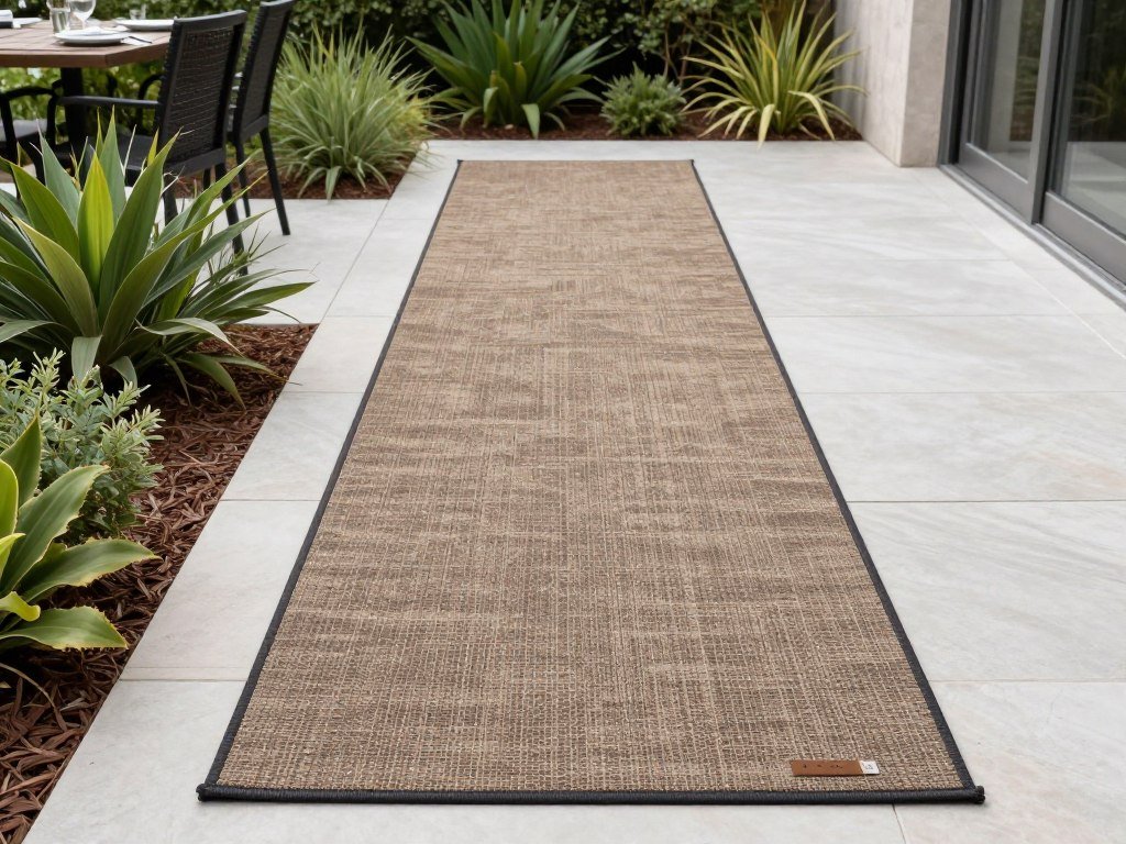 An outdoor runner rug defining a pathway through a garden patio area
