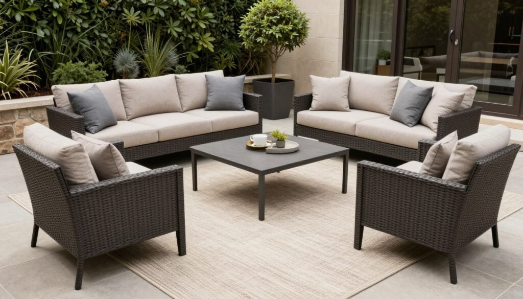 An outdoor seating arrangement with sofas and chairs placed on a large outdoor rug that defines the conversation area