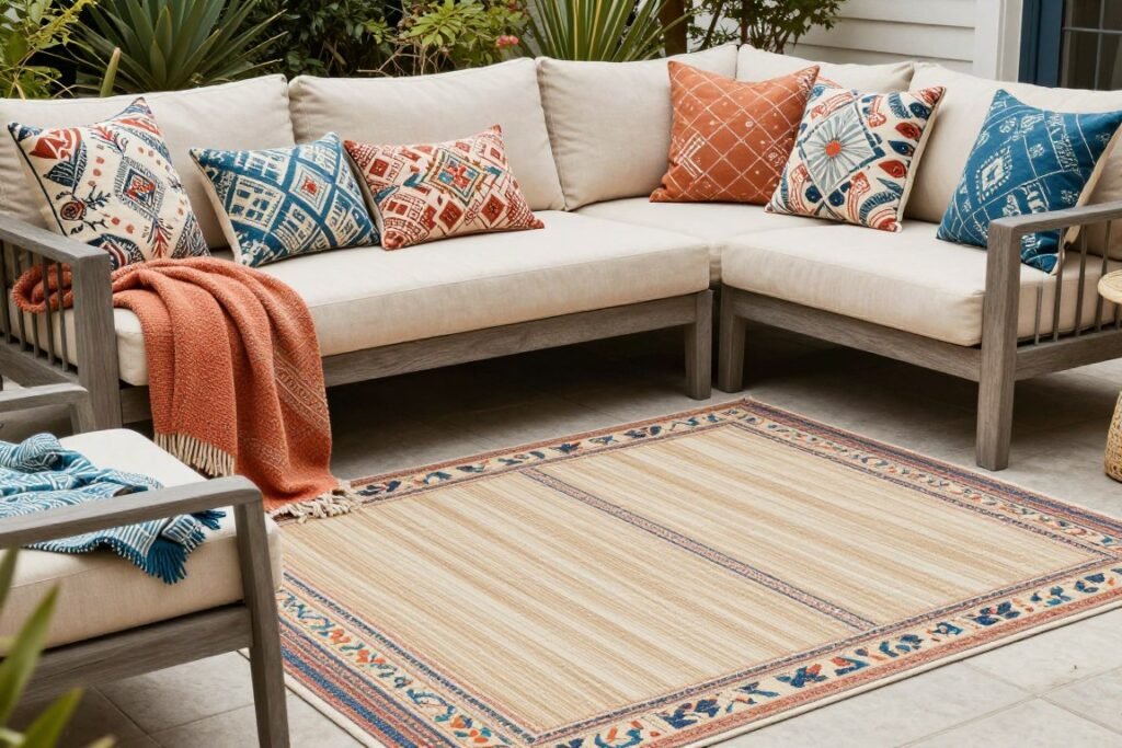 An outdoor space with layered textiles including pillows, throws, and an outdoor rug