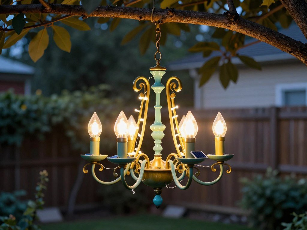 An upcycled vintage chandelier transformed into a solar-powered garden light hanging from a tree branch An upcycled vintage chandelier transformed into a solar-powered garden light hanging from a tree branch