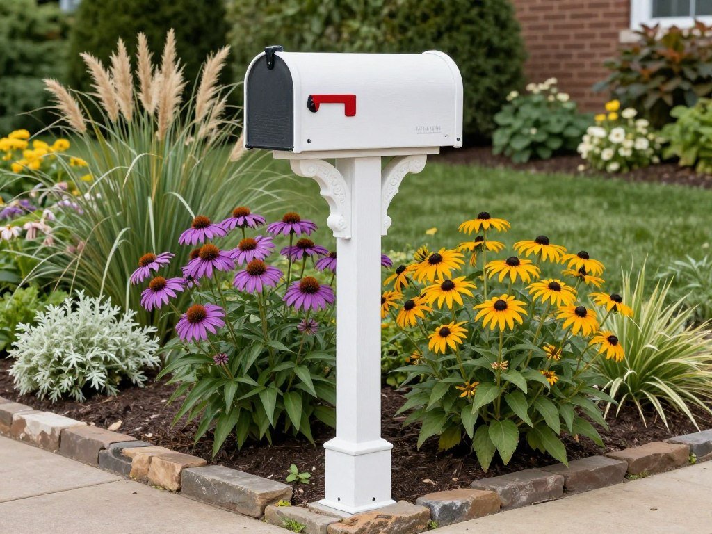 An upgraded wooden mailbox post with decorative brackets surrounded by a well-designed perennial garden