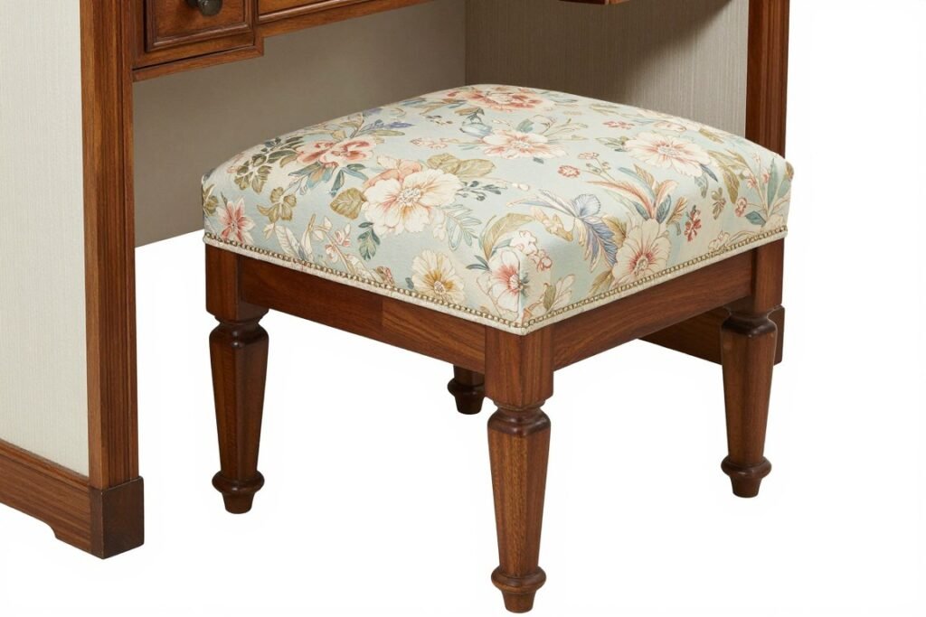 An upholstered vanity stool with patterned fabric and dark wooden legs
