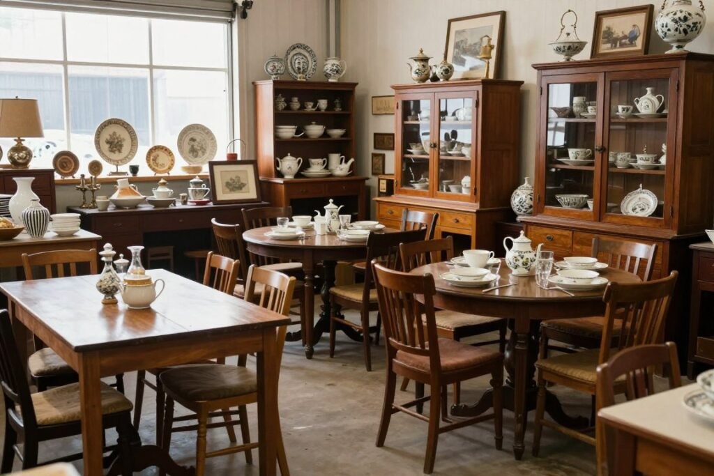 Antique shop with various vintage dining furniture and accessories